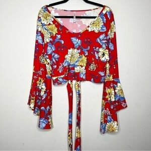 COLOR THREAD Red Floral Tie Front Crop Top